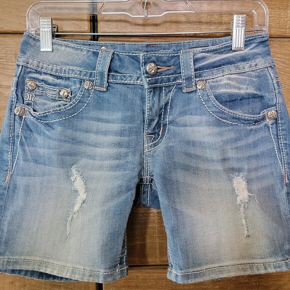 MISS ME LOW RISE SHORTS BLUE JEAN DENIM W/RHINESTONES & HOLOGRAPHIC POCKETS SIZE - Picture 13 of 13